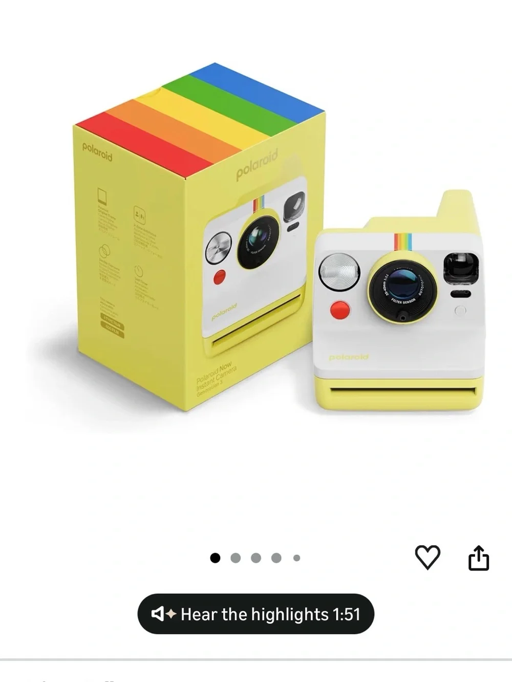 Polaroid Now Instant Camera - Yellow and White with Rainbow Accent